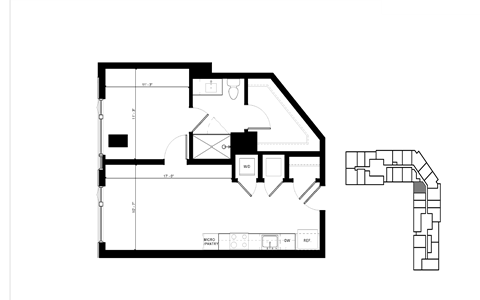 Floor plan for 1 bed, 1 bath, 648 sqft